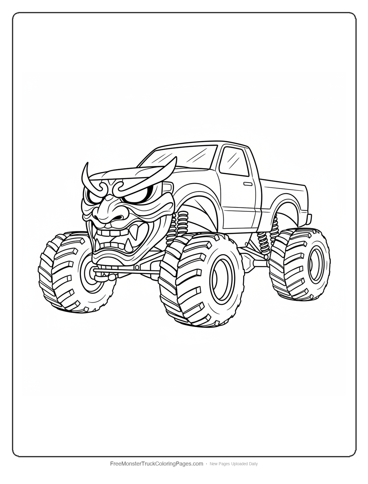 Black and white coloring page of a monster truck with the front grille shaped like a menacing samurai war mask with a fierce expression