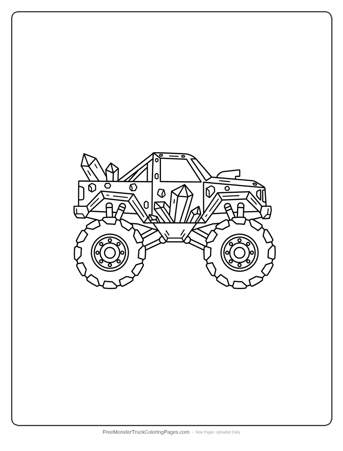 Black and white coloring page of a monster truck made from sapphire crystals with geometric blue crystal patterns