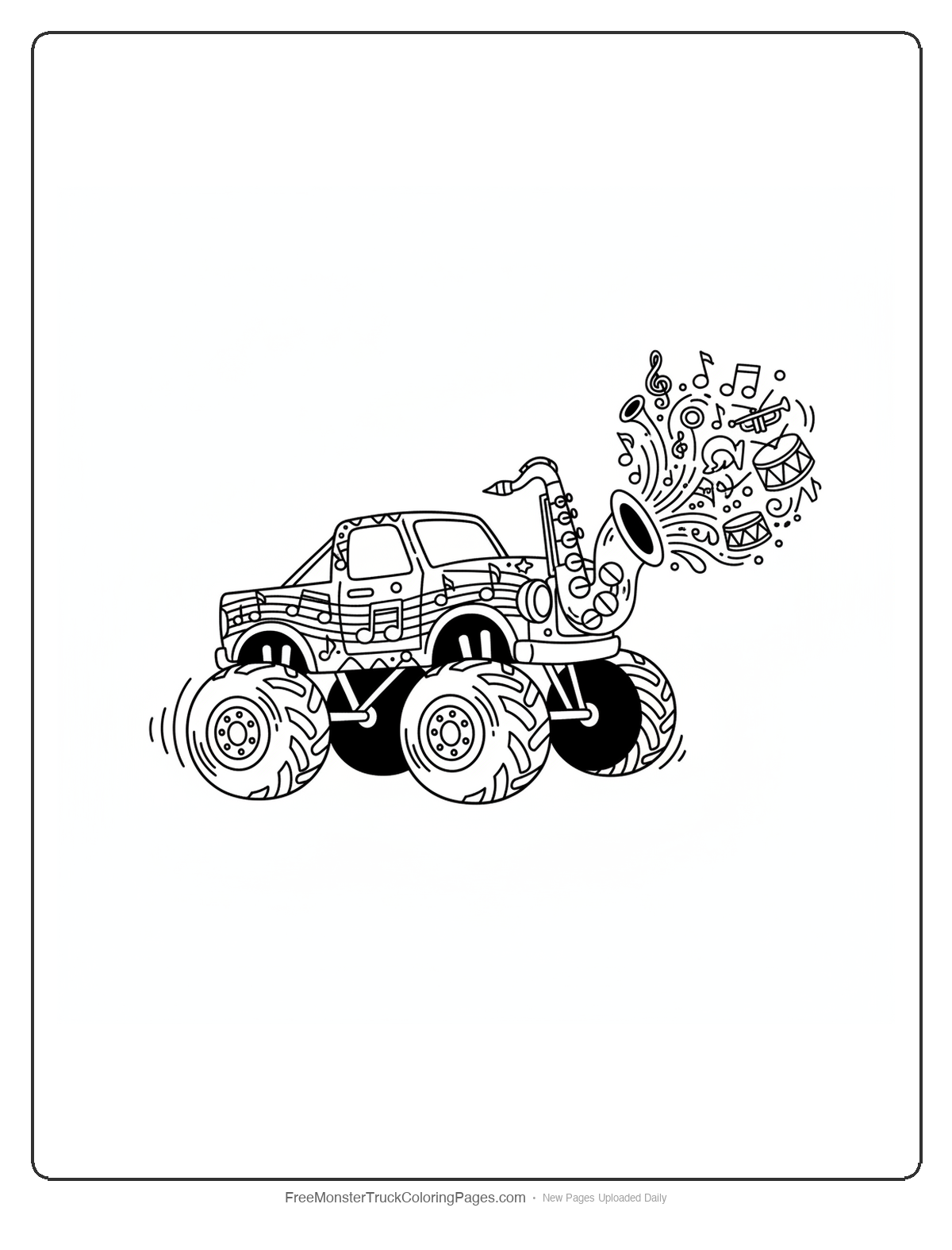 Black and white coloring page of a monster truck with saxophone decorations and swirling musical notes