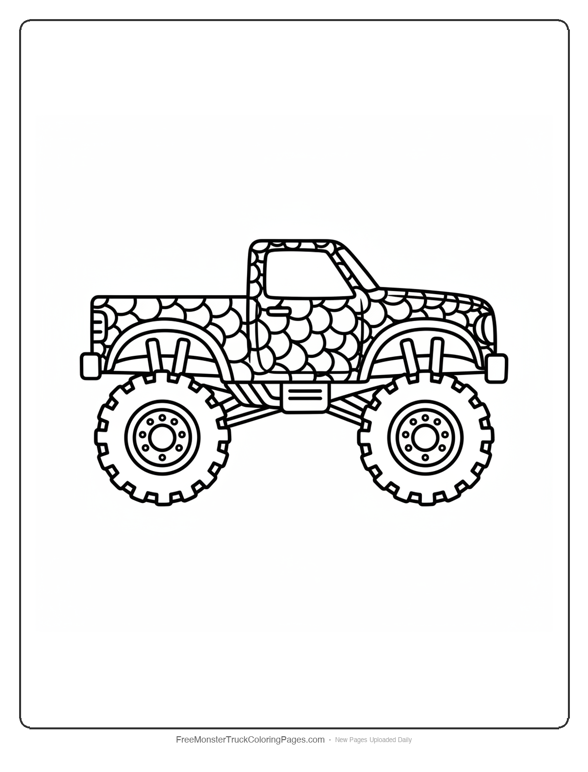 Black and white coloring page of a monster truck with thick raised scale armor plates covering the fenders