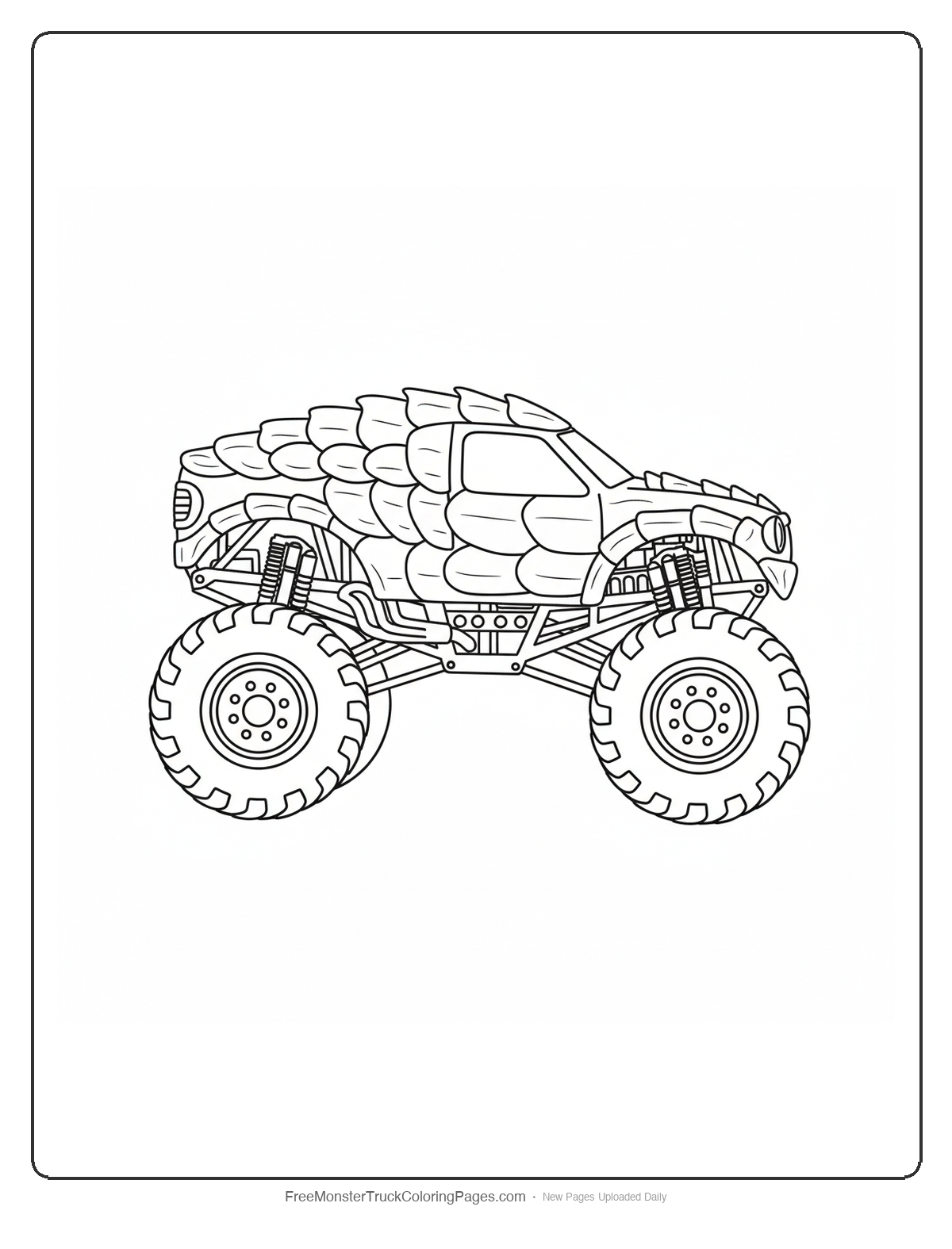 Black and white coloring page of a monster truck with the cab shaped like a scorpion armored body segment covered in thick ridged plates