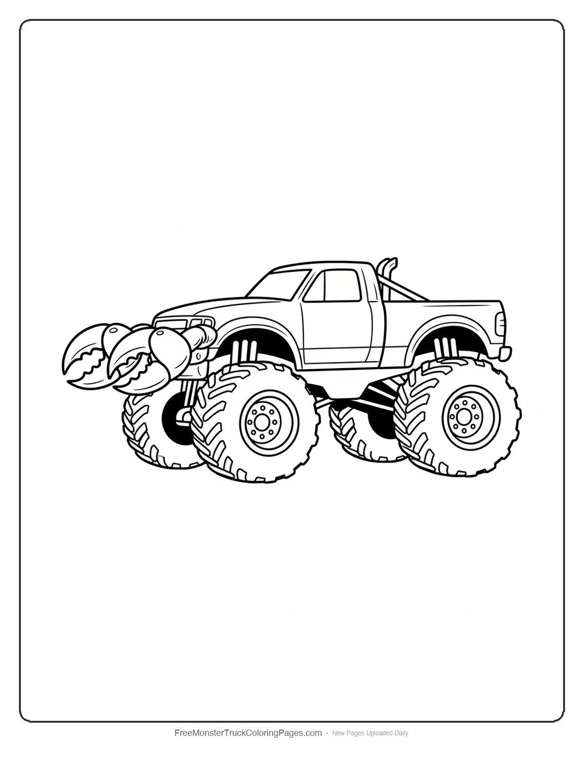 Black and white coloring page of a monster truck with two large open scorpion pincer claw shapes as the front bumper
