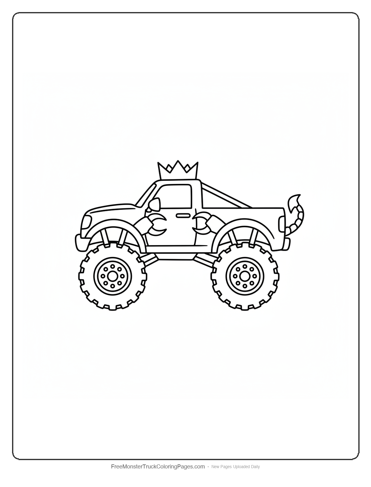 Black and white coloring page of a monster truck with a crown shape on the roof, pincer side mirrors, and a small scorpion tail on back