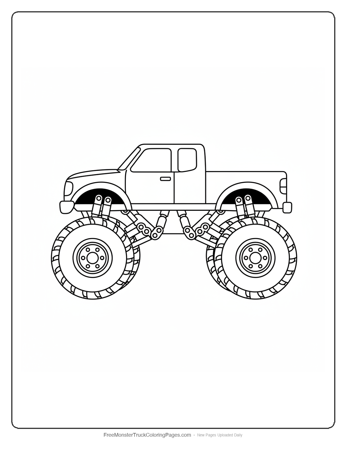 Black and white coloring page of a monster truck with eight scorpion leg shaped supports visible underneath instead of normal suspension