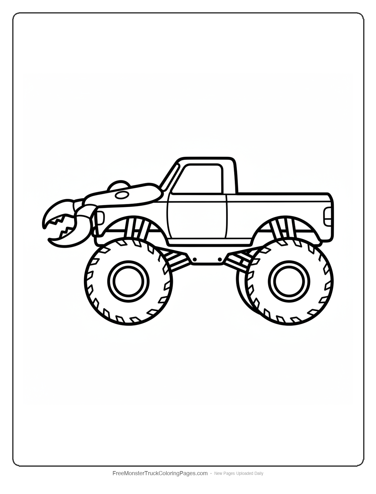 Black and white coloring page of a monster truck with a hood shaped like a flat scorpion head with two eyes and mandibles at the front edge