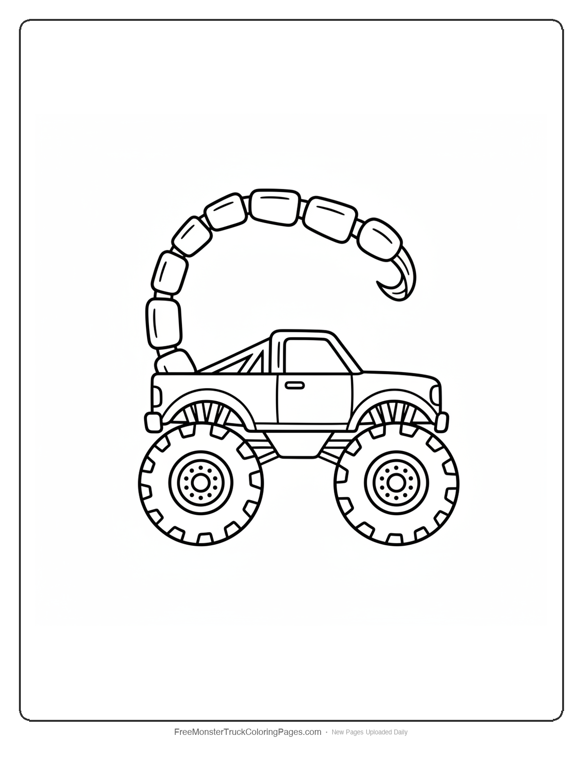 Black and white coloring page of a monster truck with a massive curved segmented scorpion tail mounted on the truck bed arching over the cab with a stinger tip