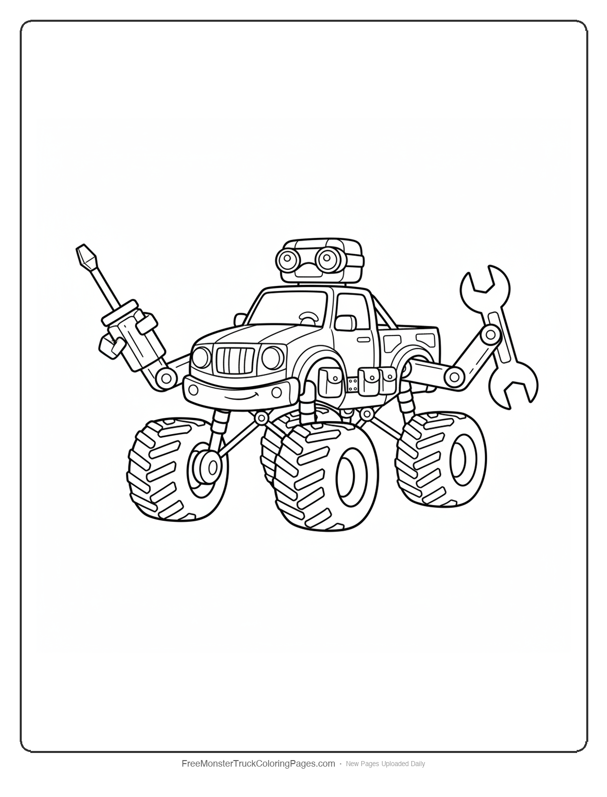 Monster truck coloring page with robot arms ending in screwdriver and wrench tool attachments