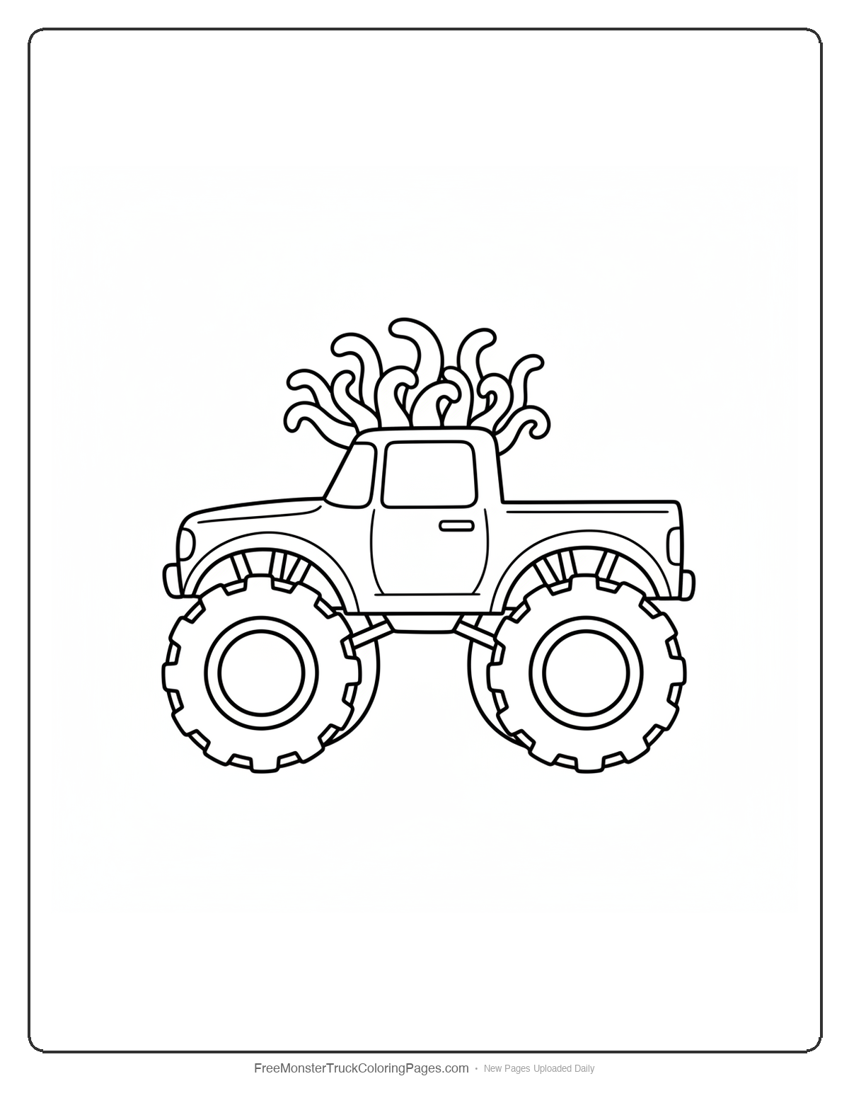 Black and white coloring page of a simple monster truck with small tentacle tips rising from the roof in a crown shape