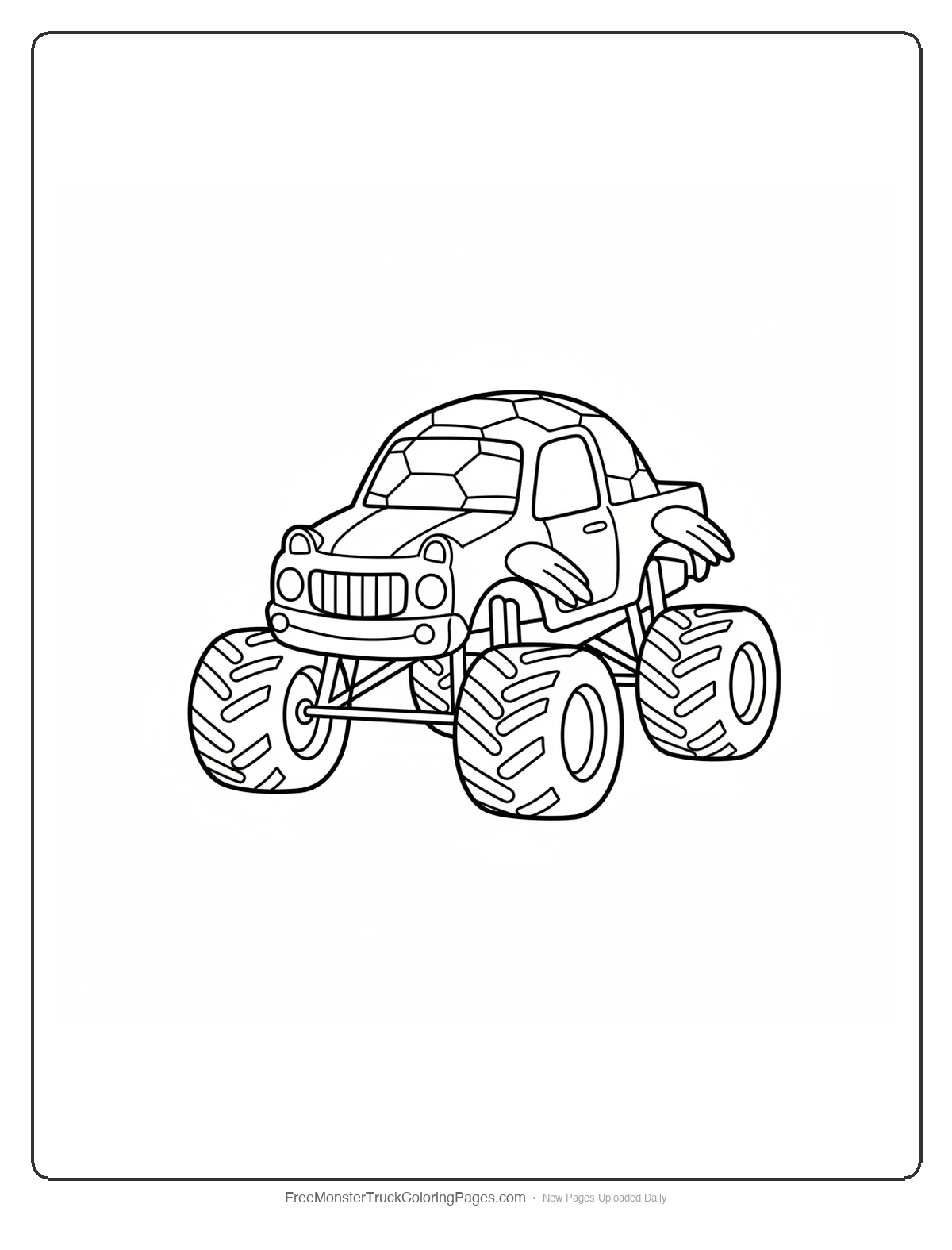 Monster truck coloring page with sea turtle shell hexagonal pattern on roof and flipper decorations on sides