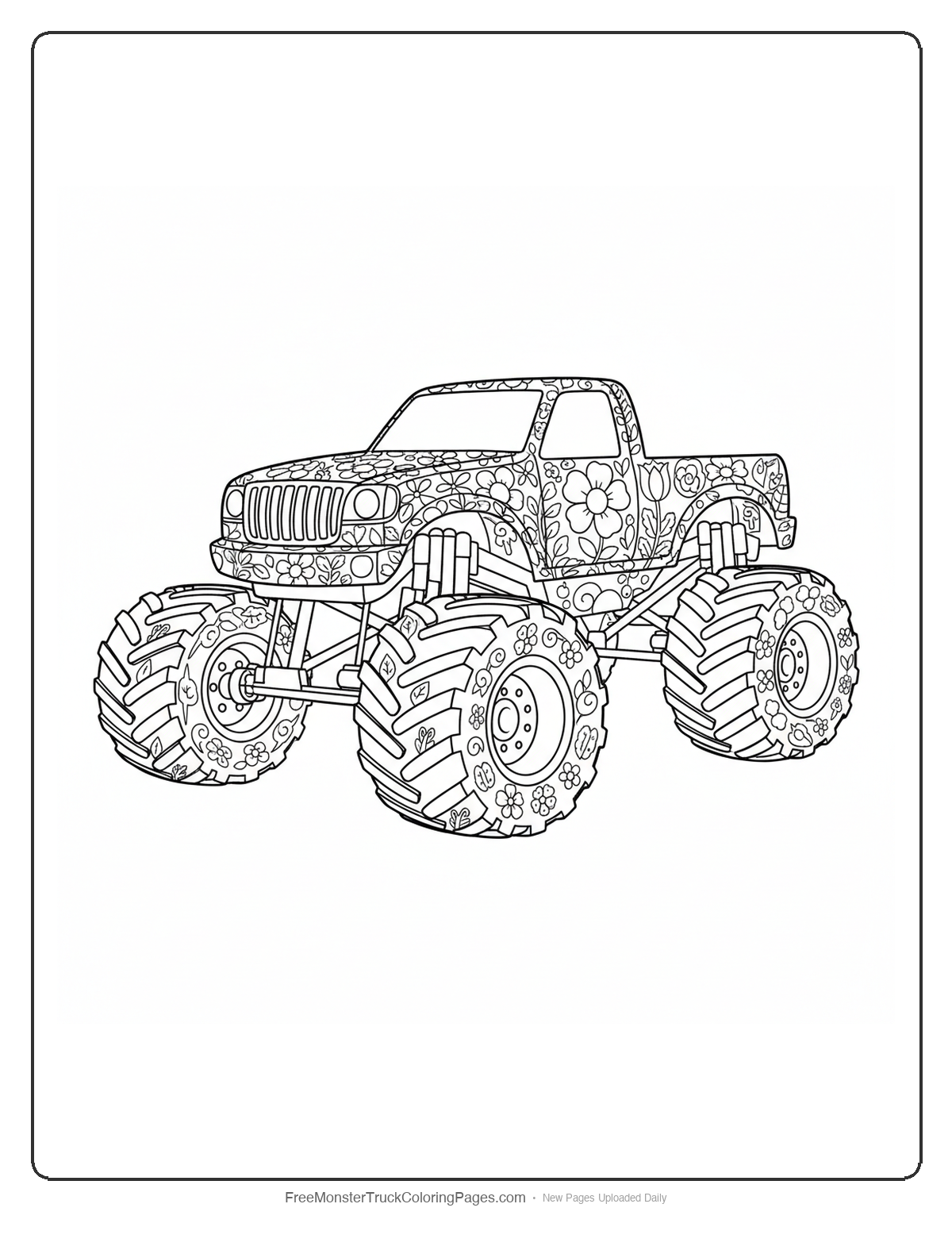 Complex coloring page of a monster truck covered in detailed vines, flowers, and garden foliage patterns