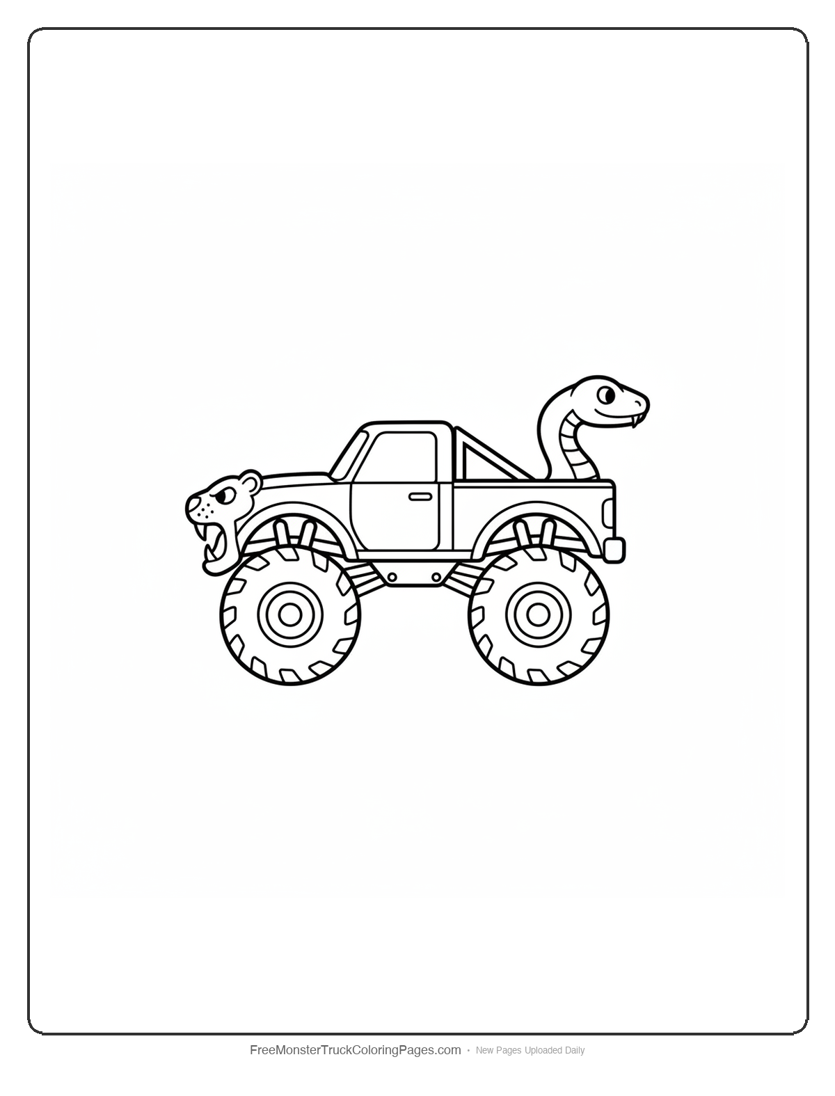 Black and white coloring page of a monster truck with a snake tail curving from the rear bumper and a lion jaw grille