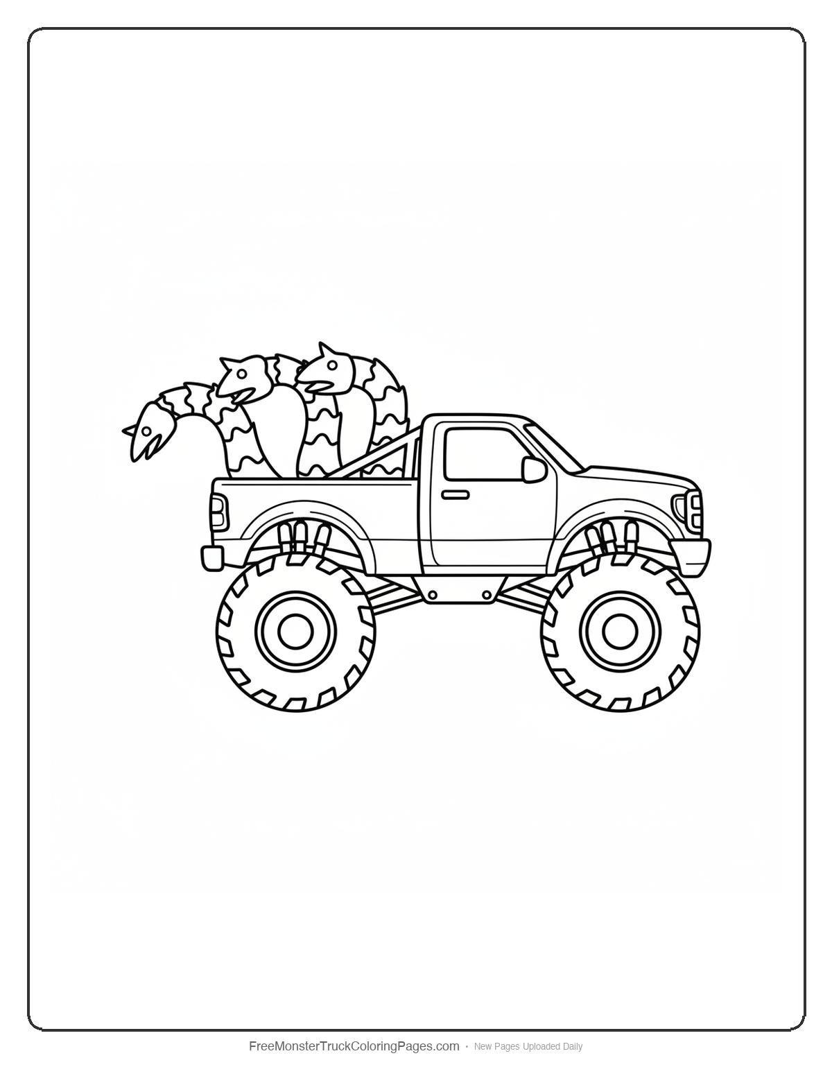 Black and white coloring page of a monster truck with a rear spoiler that splits into three snake tail tips fanning outward