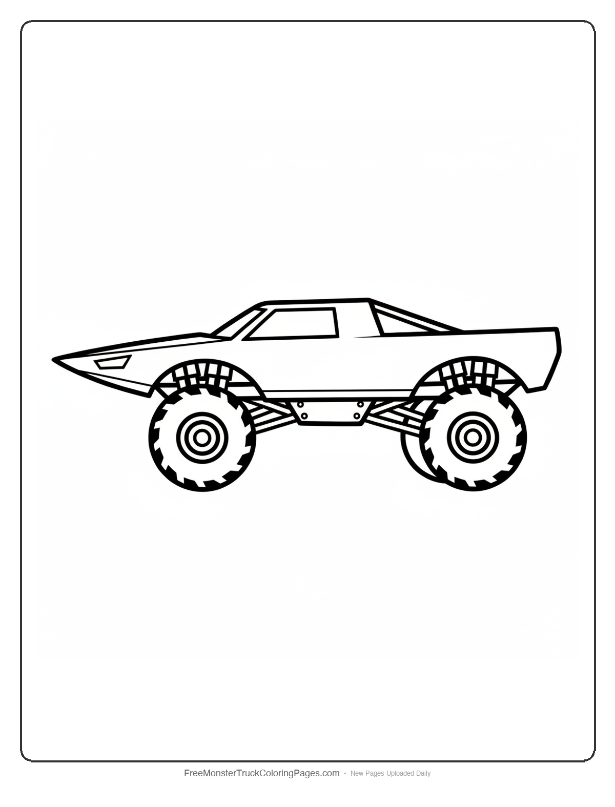 Black and white coloring page of an extra low flat monster truck with a pointed front and narrow squinting headlight slits