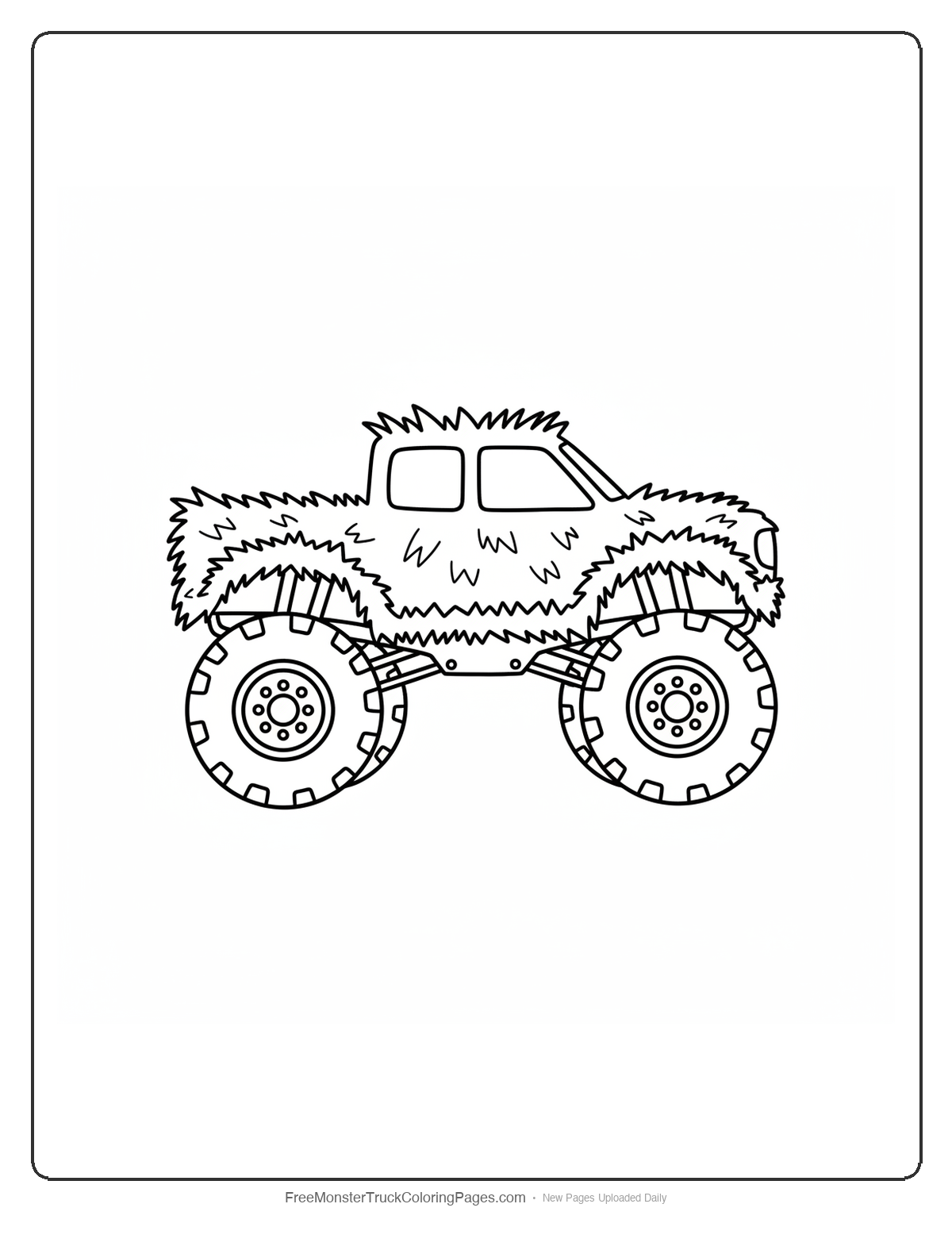 Black and white coloring page of a monster truck with jagged fur-like fender edges giving it a shaggy wild appearance