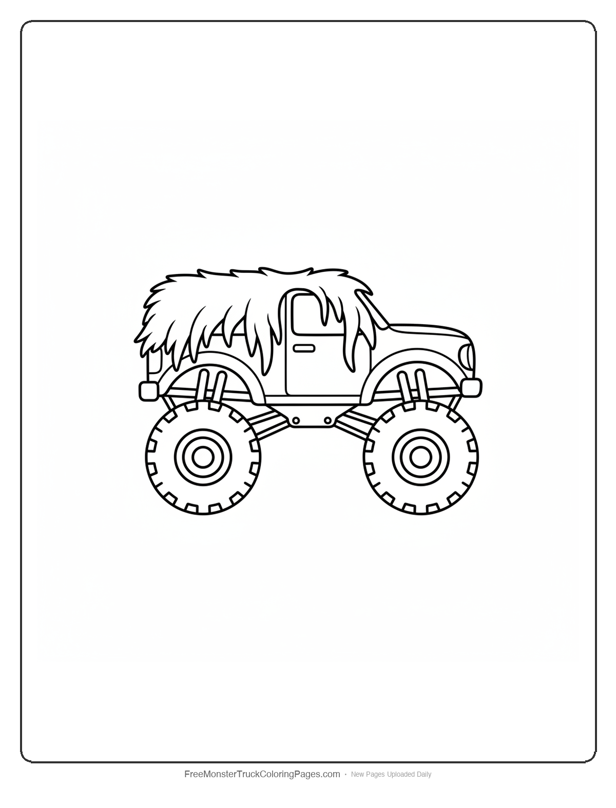 Black and white coloring page of a monster truck with long shaggy fur hanging down from the cab roof edges