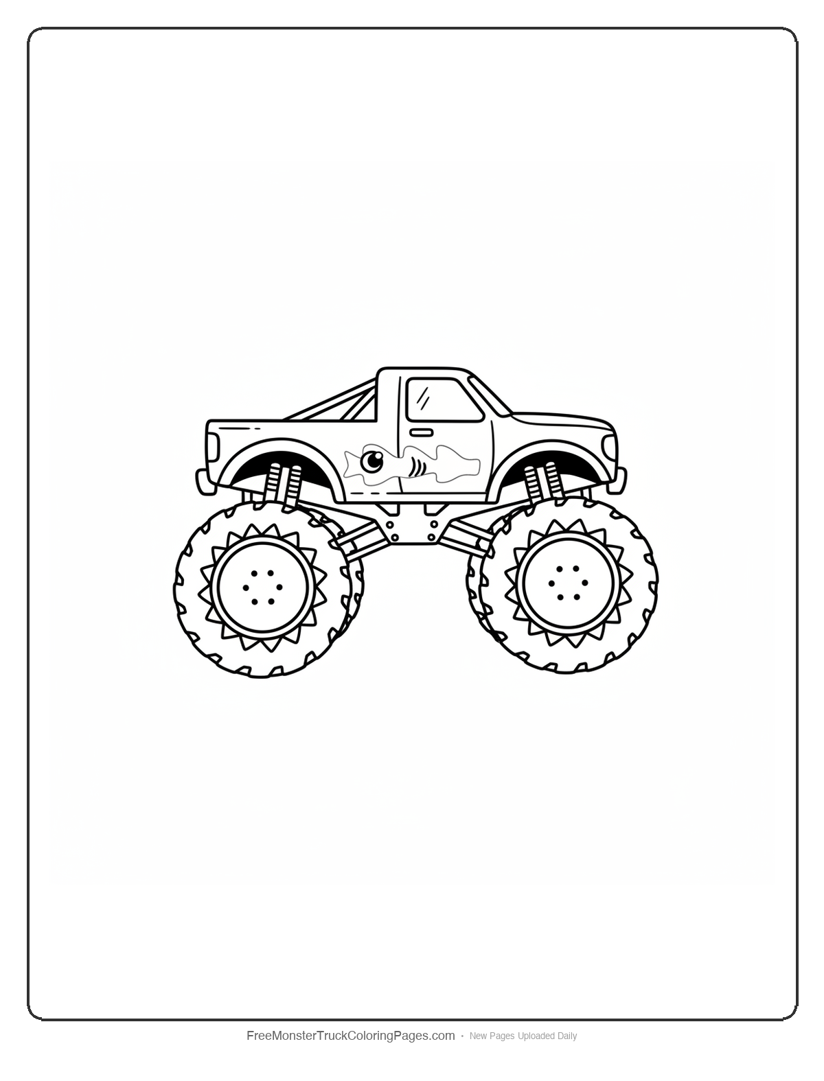 Black and white coloring page of a monster truck with shark teeth shapes around each wheel rim