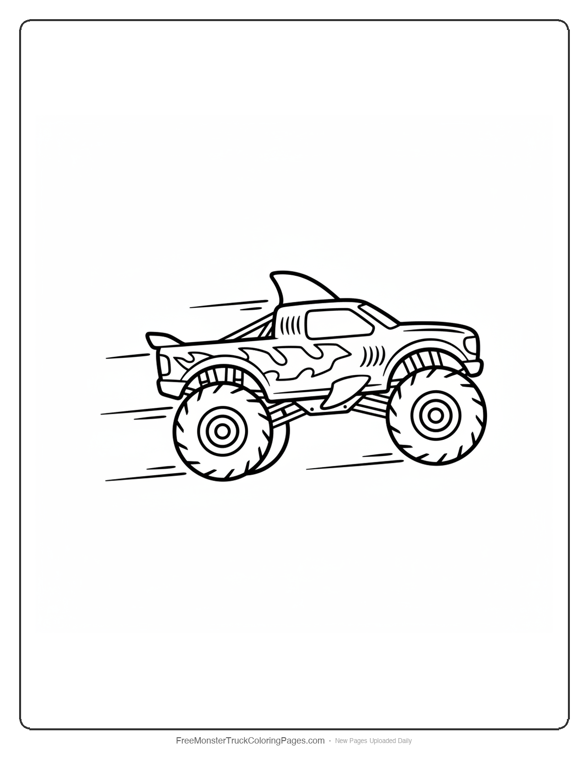Black and white coloring page of a racing monster truck with a large shark fin on the roof and speed lines