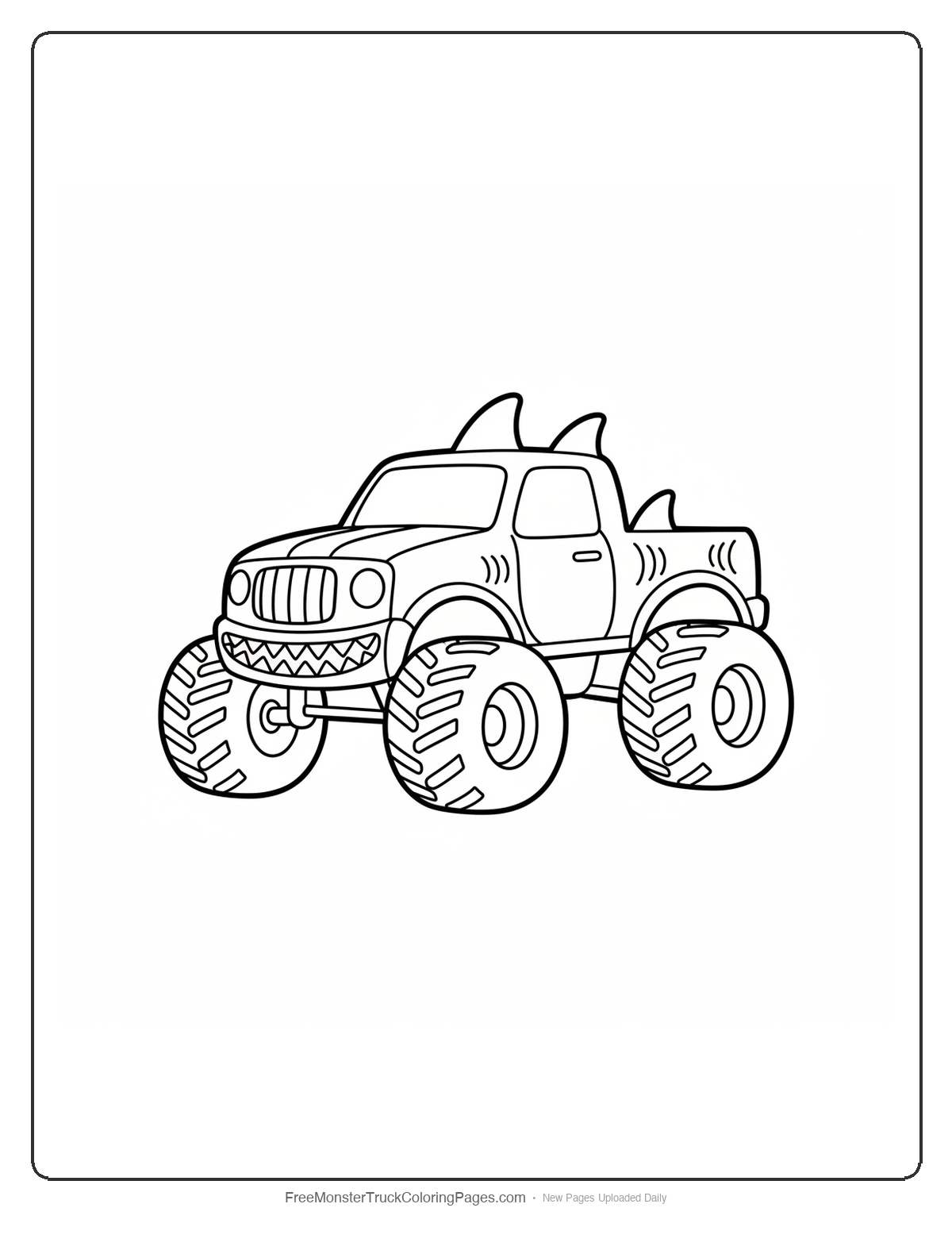 Monster truck coloring page with shark fin decorations on roof and shark teeth on front bumper