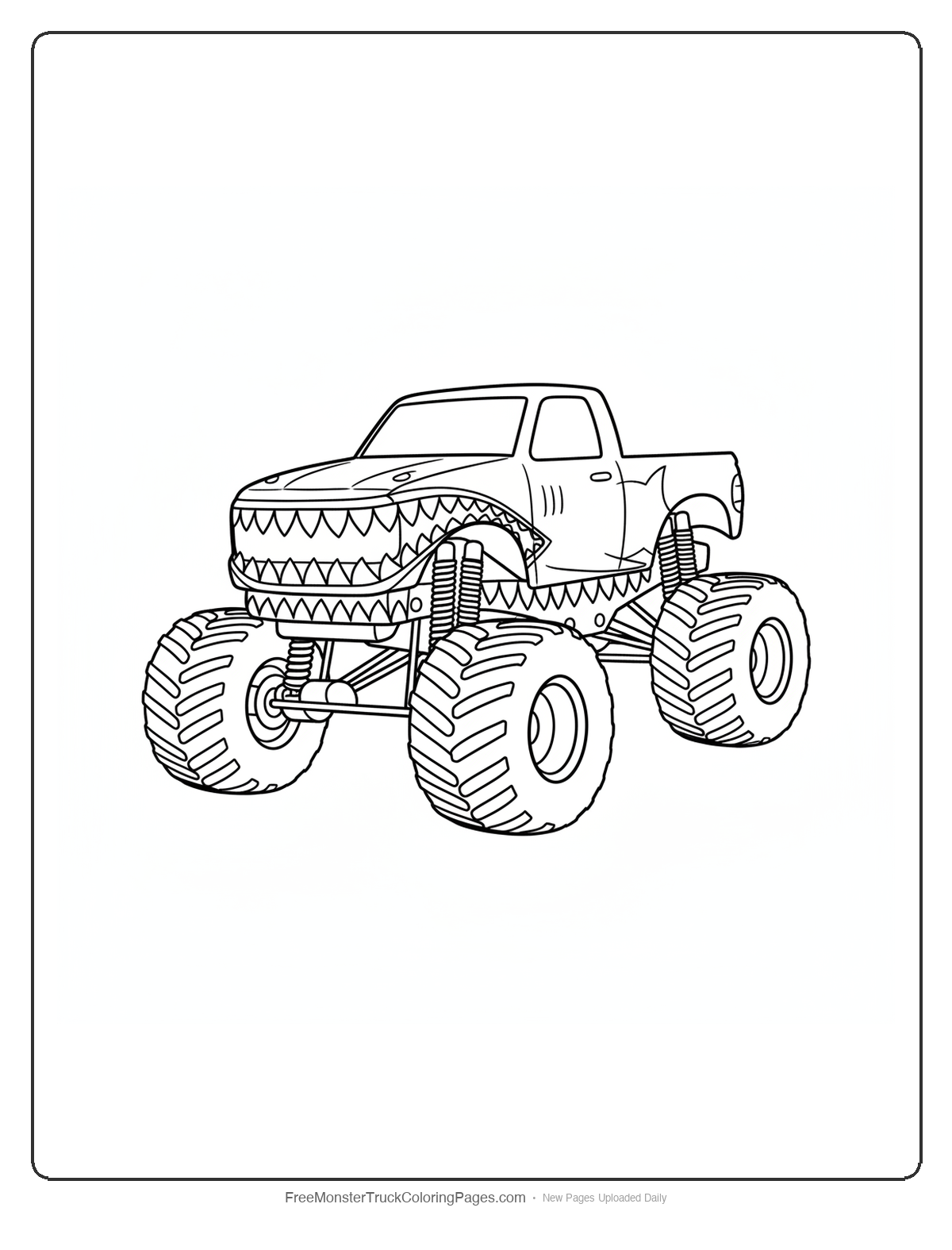 Black and white coloring page of a monster truck with shark jaw teeth painted across the front and sides