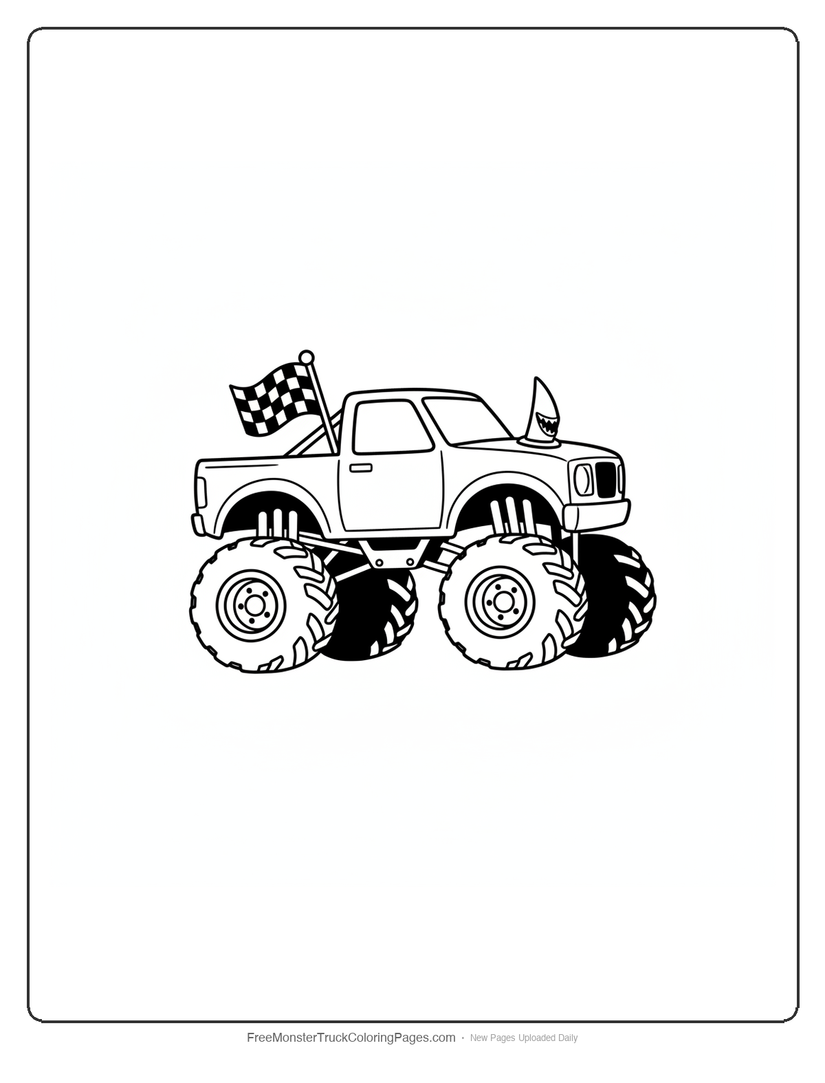 Black and white coloring page of a simple monster truck with a large shark tooth on the hood and a checkered flag