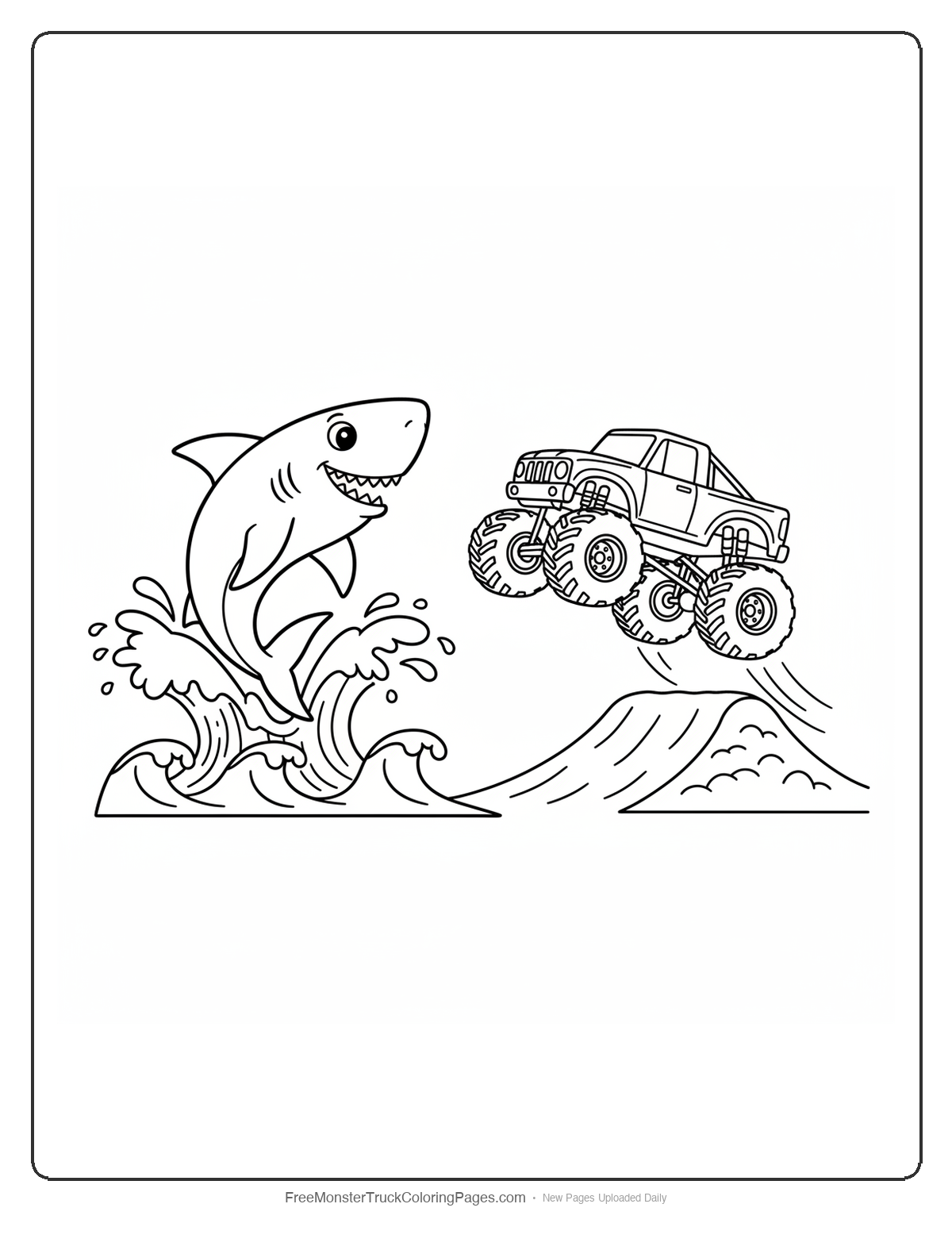Black and white coloring page of a cartoon shark jumping from water facing a monster truck jumping from a ramp