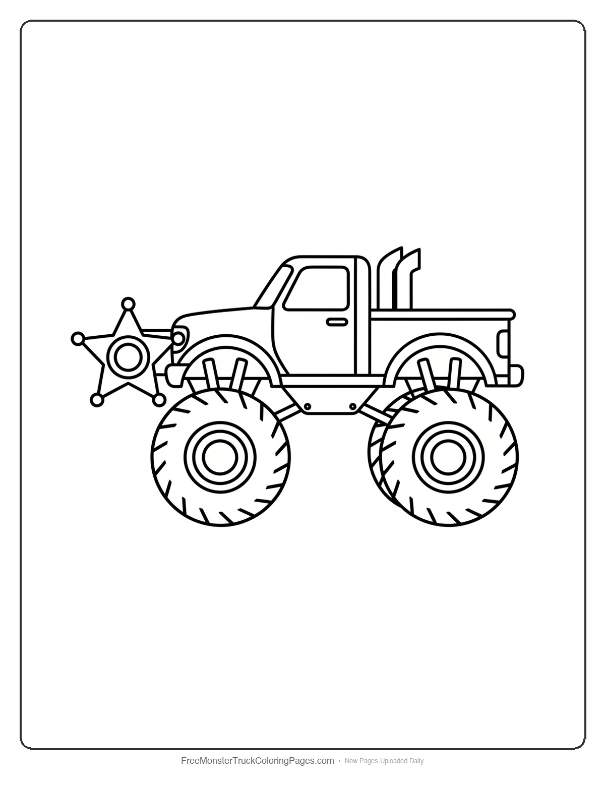 Black and white coloring page of a monster truck with the front grille shaped like a large sheriff star badge