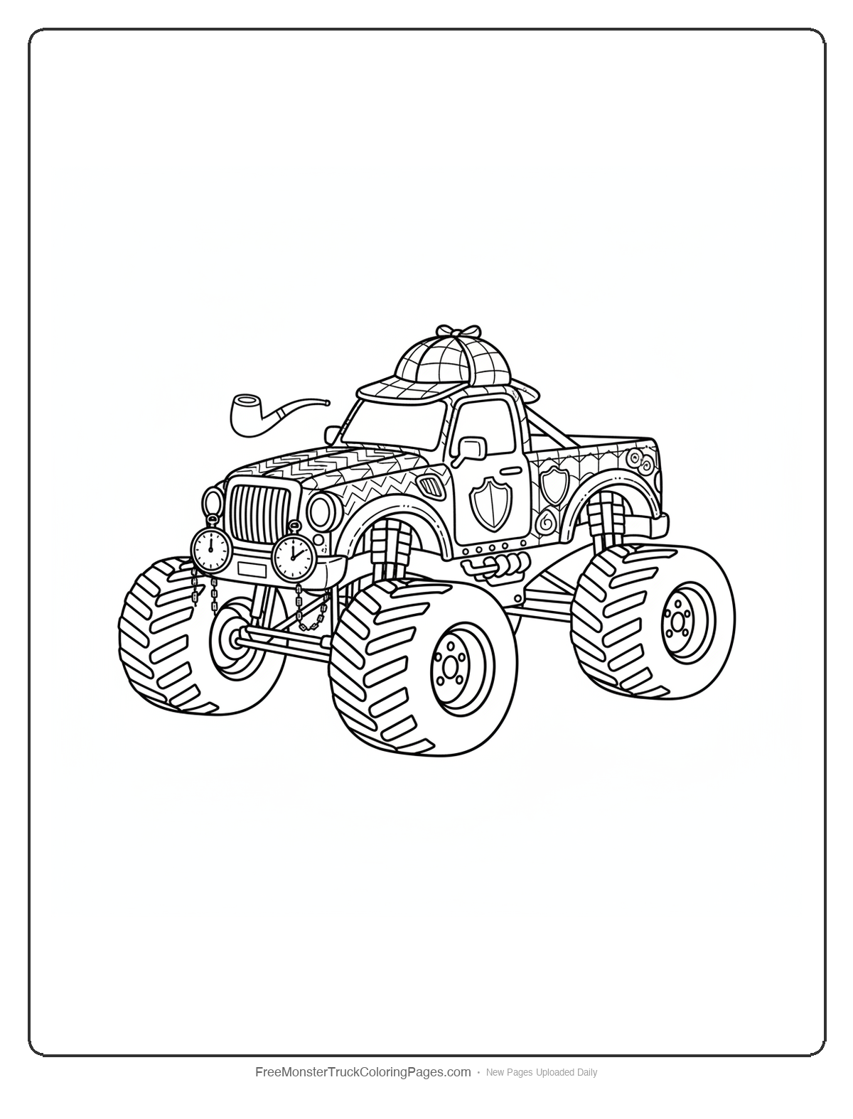 Detailed monster truck coloring page styled like Sherlock Holmes with deerstalker hat, pipe, and Victorian patterns
