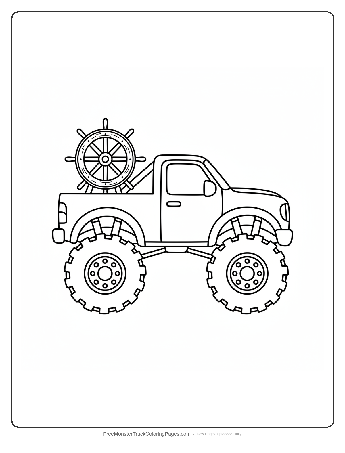 Black and white coloring page of a monster truck with a large wooden ship steering wheel mounted on the hood