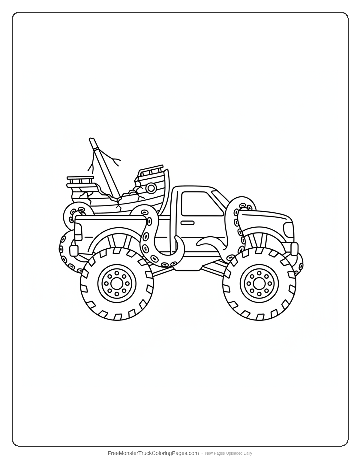 Black and white coloring page of a monster truck with a broken ship hull being crushed by tentacle shapes in the truck bed
