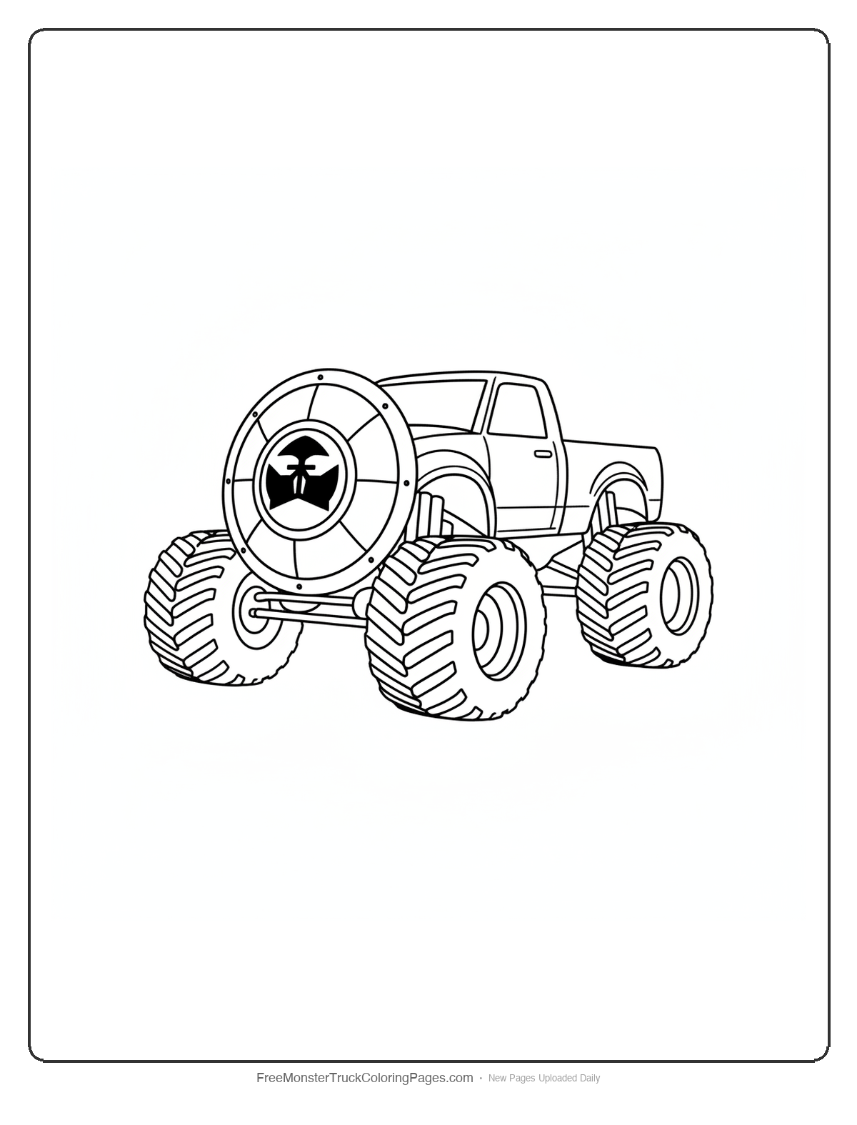 Black and white coloring page of a monster truck with the entire front end shaped like a large round samurai shield with a crest emblem in the center