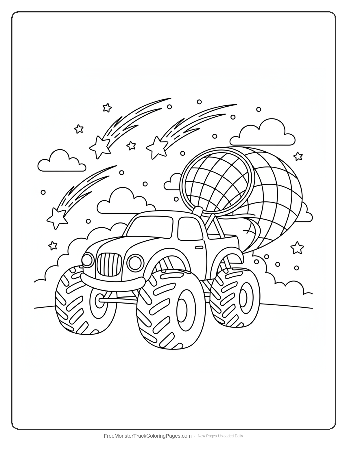 Black and white coloring page of a monster truck with a star-catching net, surrounded by shooting stars and cosmic trails