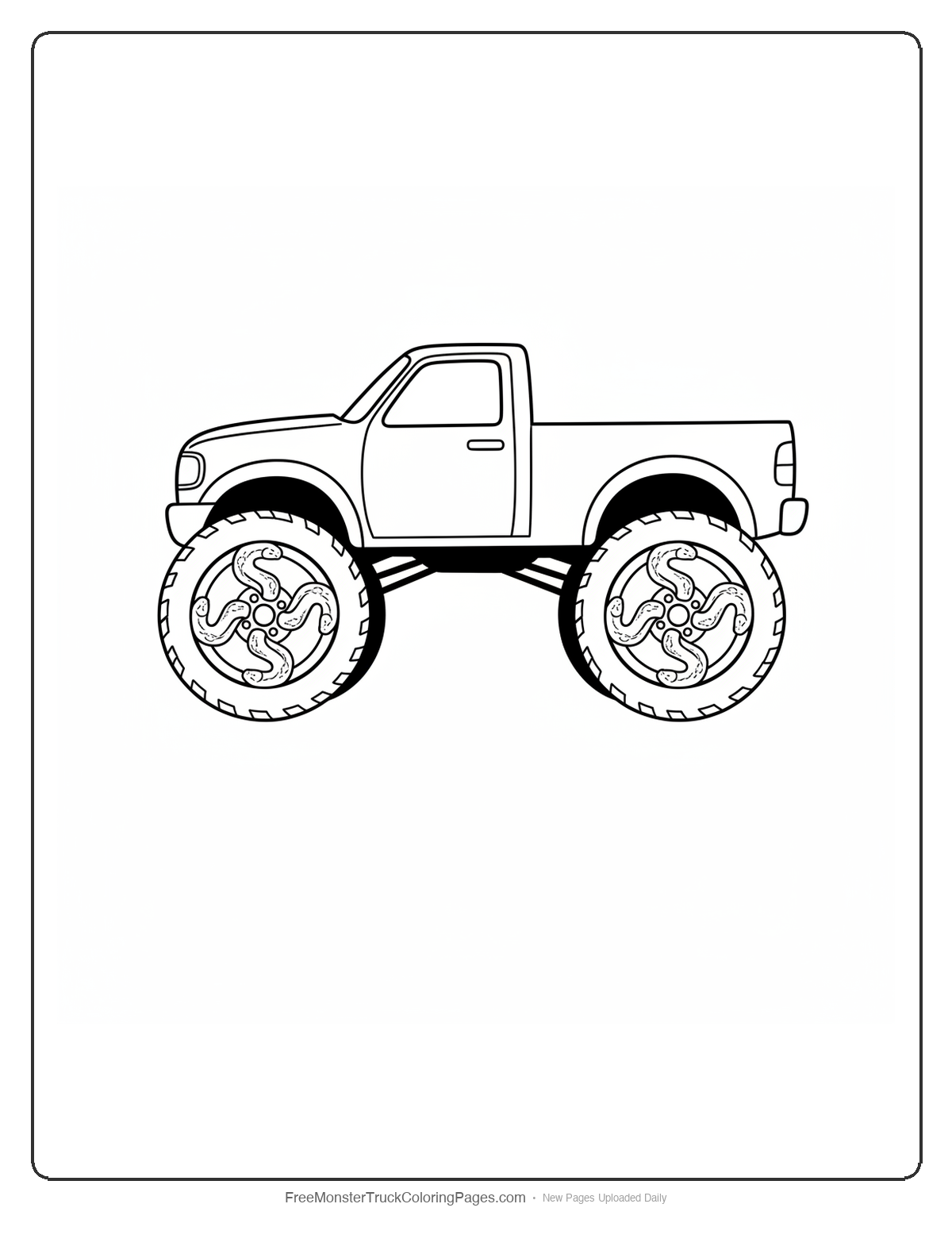 Black and white coloring page of a monster truck with wheels featuring S-shaped snake-body spokes radiating from the center