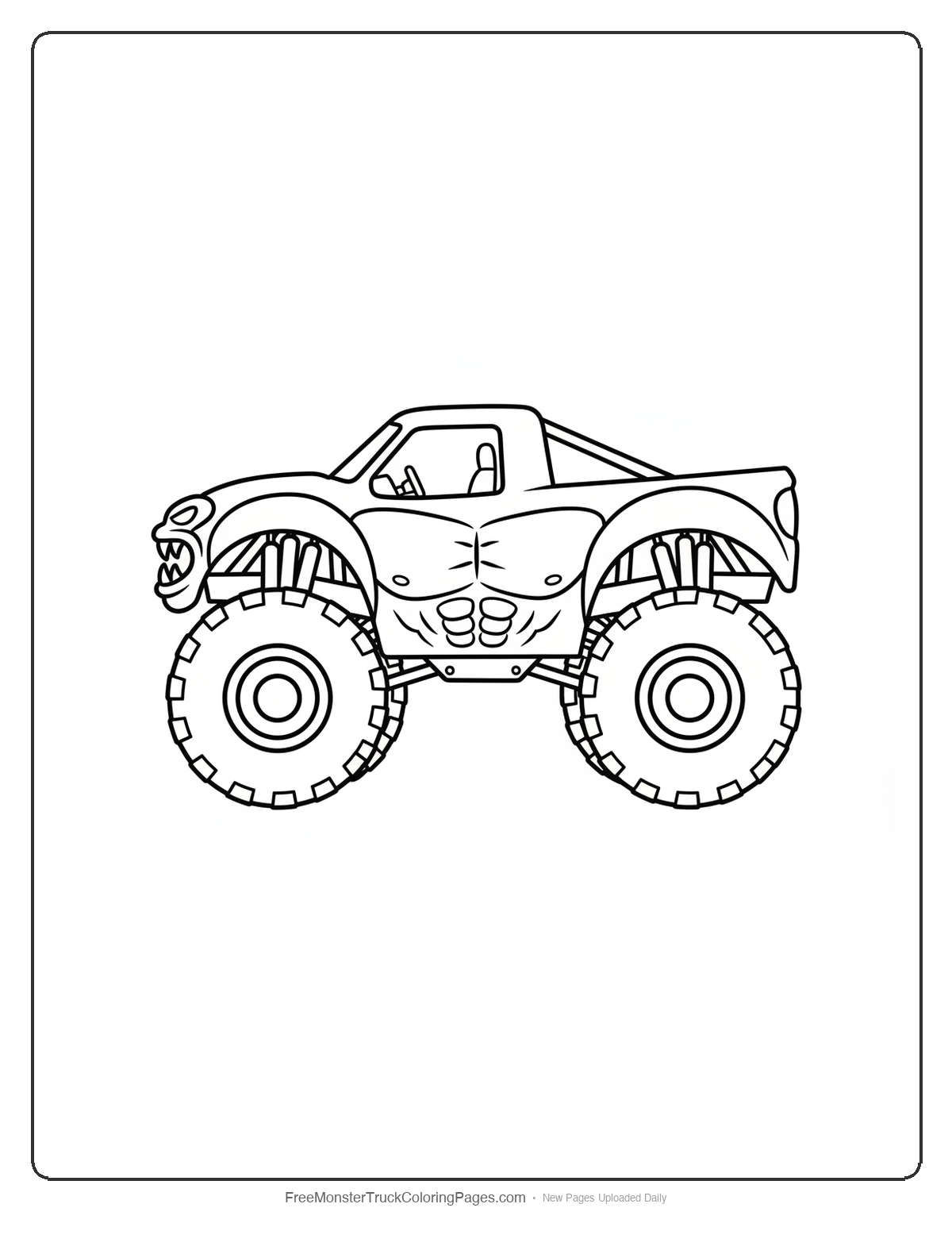 Black and white coloring page of a wide muscular monster truck shaped like a silverback gorilla's body