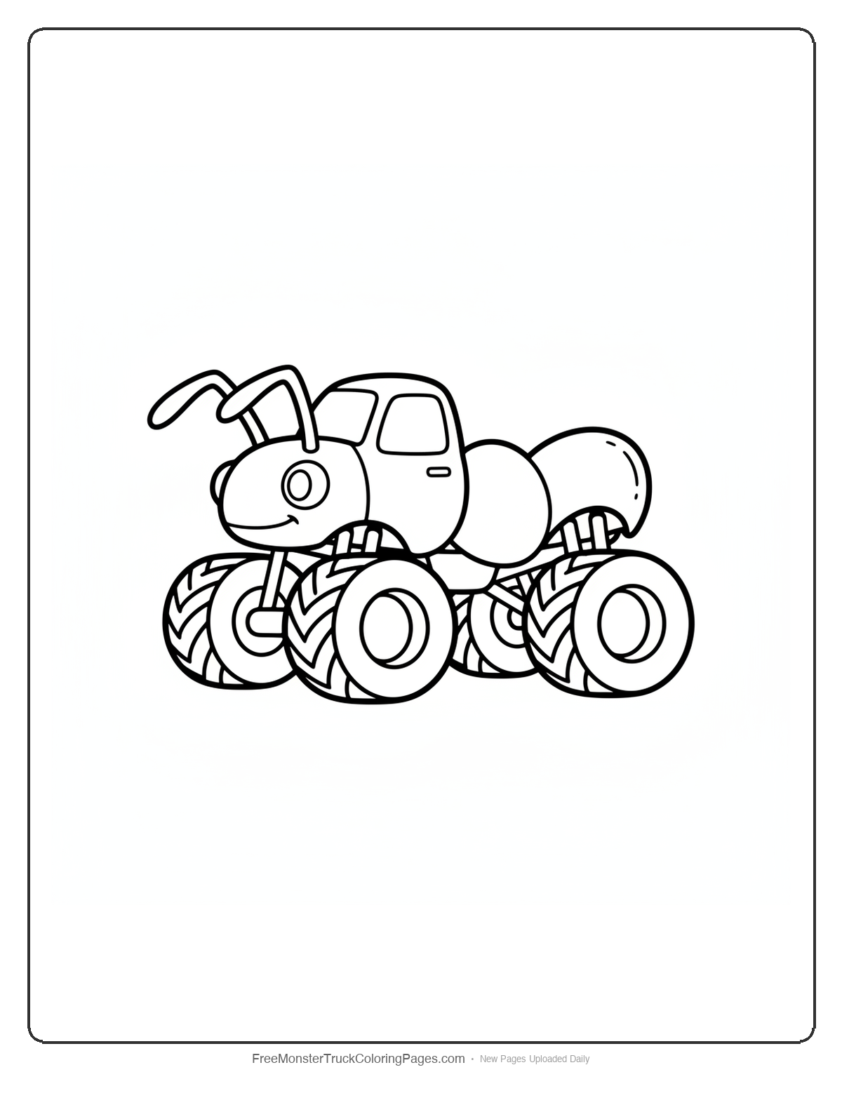 Simple monster truck designed like an ant with segmented body, antennae, and large wheels on white background