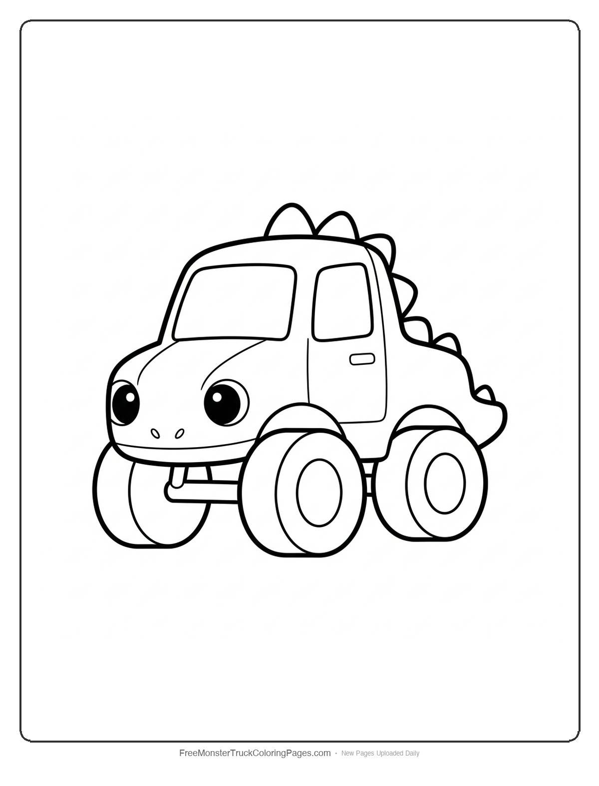 Simple black and white coloring page of a small cute monster truck with baby dinosaur features and big eyes