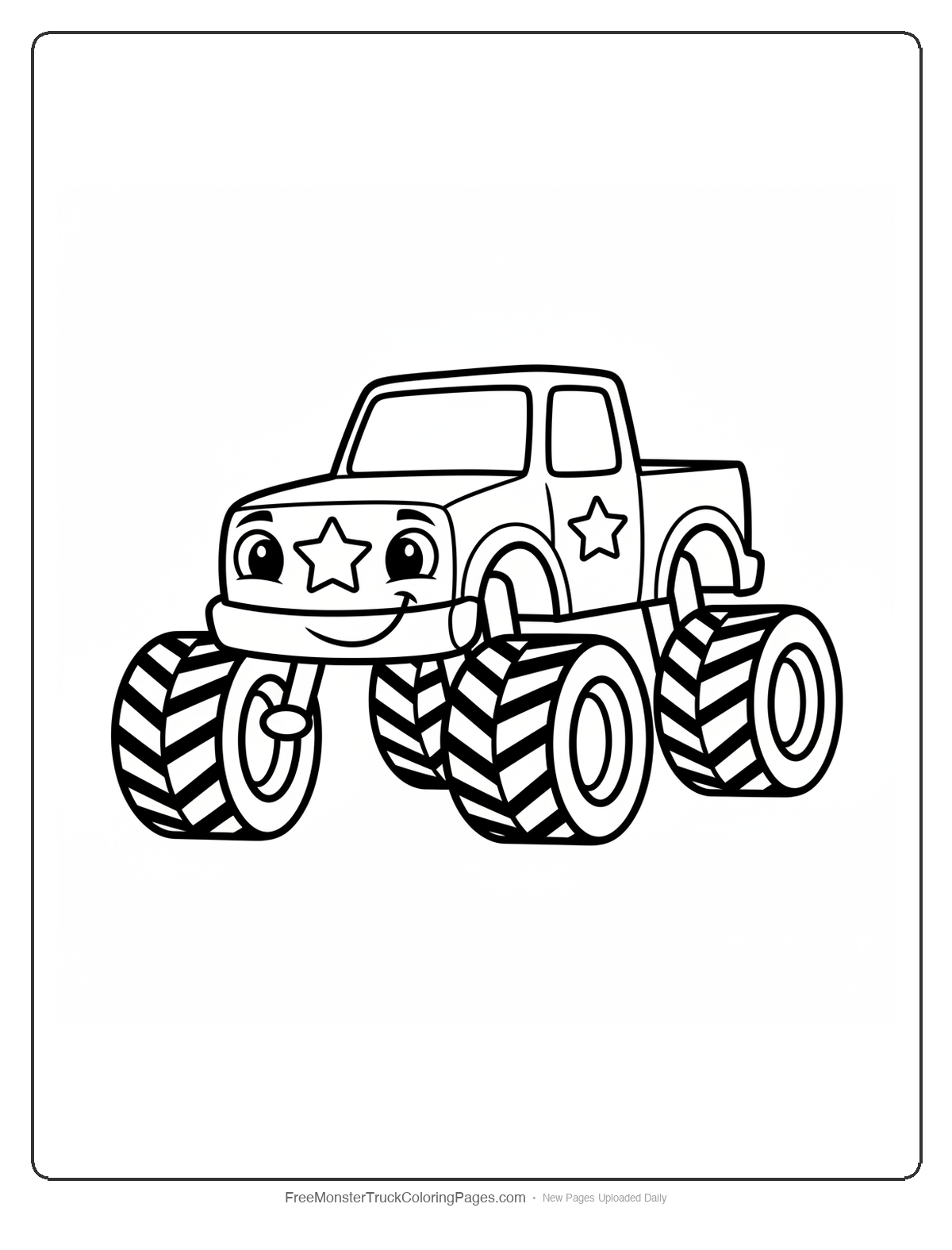 Simple monster truck coloring page with a large police badge on the front, designed for toddlers