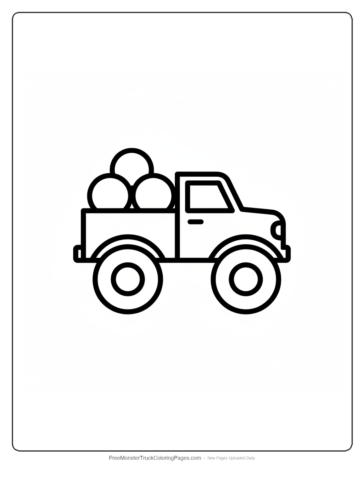 Simple monster truck coloring page with large circular ball shapes filling the truck bed