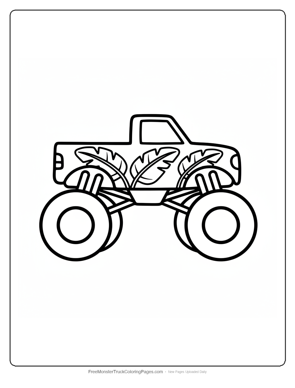 Black and white coloring page of a simple monster truck decorated with large banana leaf shapes