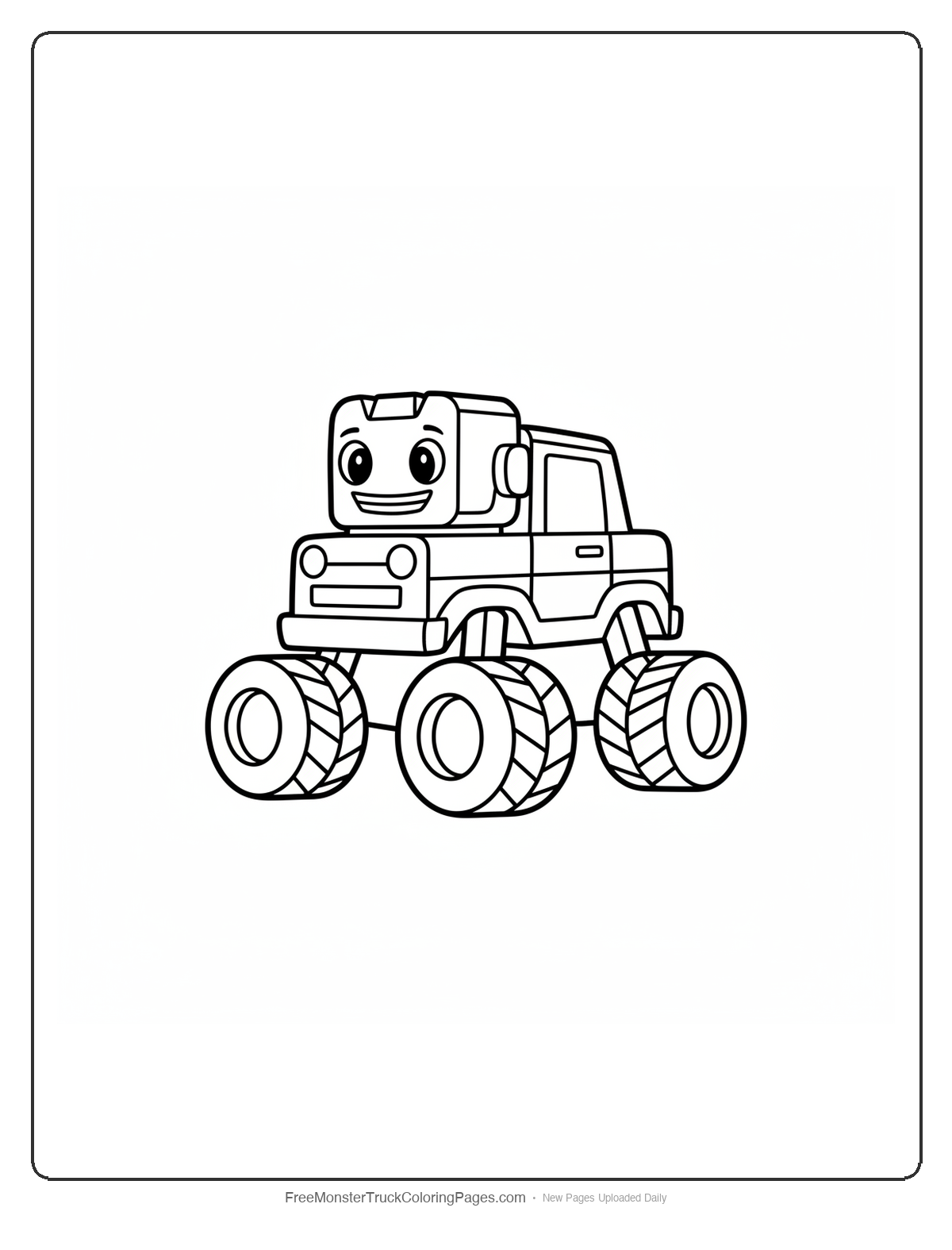 Simple monster truck coloring page with square robot head shaped like a bolt and large friendly eyes