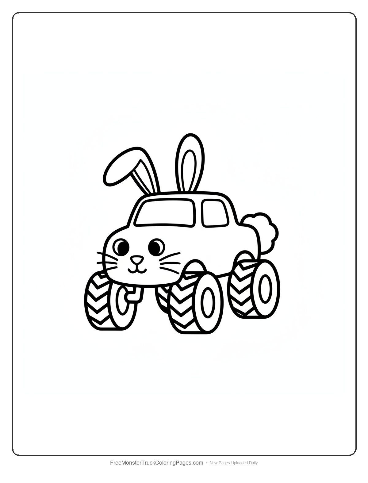 Simple black and white coloring page of a monster truck with bunny ears and tail, thick outlines