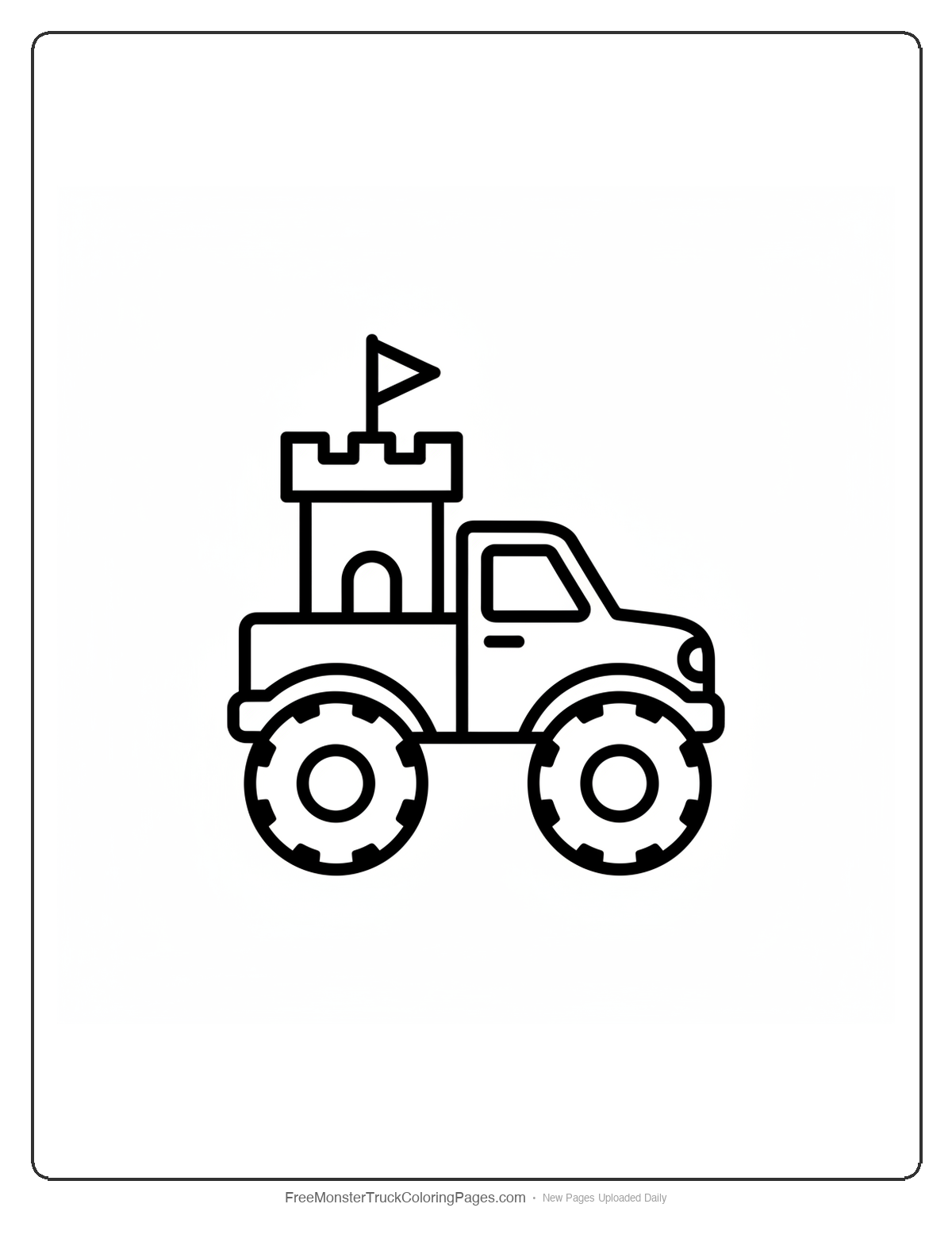 Simple black and white coloring page of a monster truck with a basic castle tower structure and large wheels