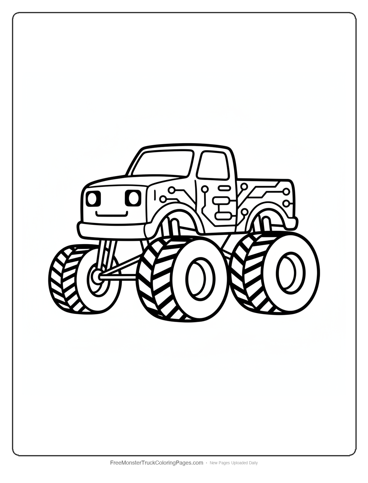 Simple monster truck coloring page with basic circuit board patterns and friendly robot face