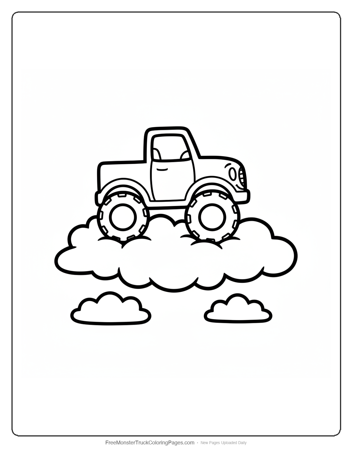Simple monster truck with large wheels sitting on fluffy clouds with a friendly sleepy face
