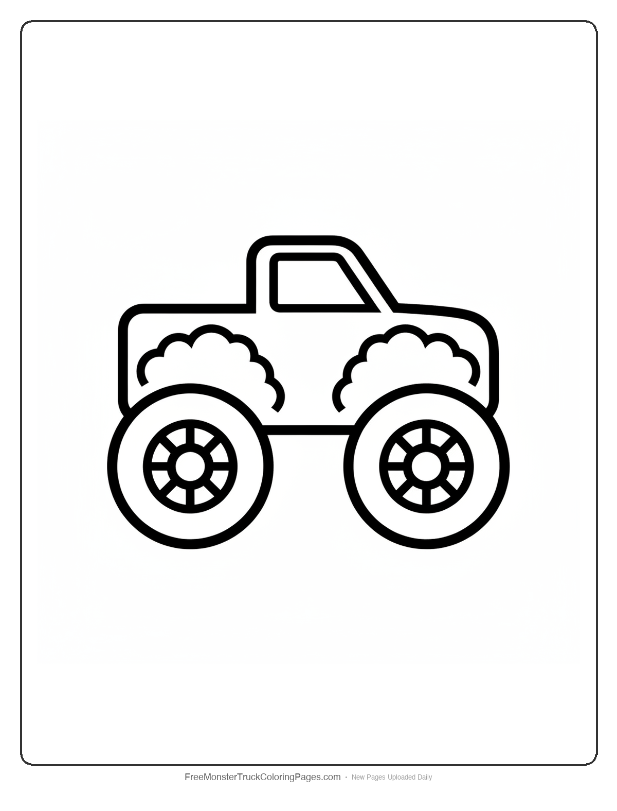 Simple coloring page of a monster truck with large puffy cloud shapes and basic details