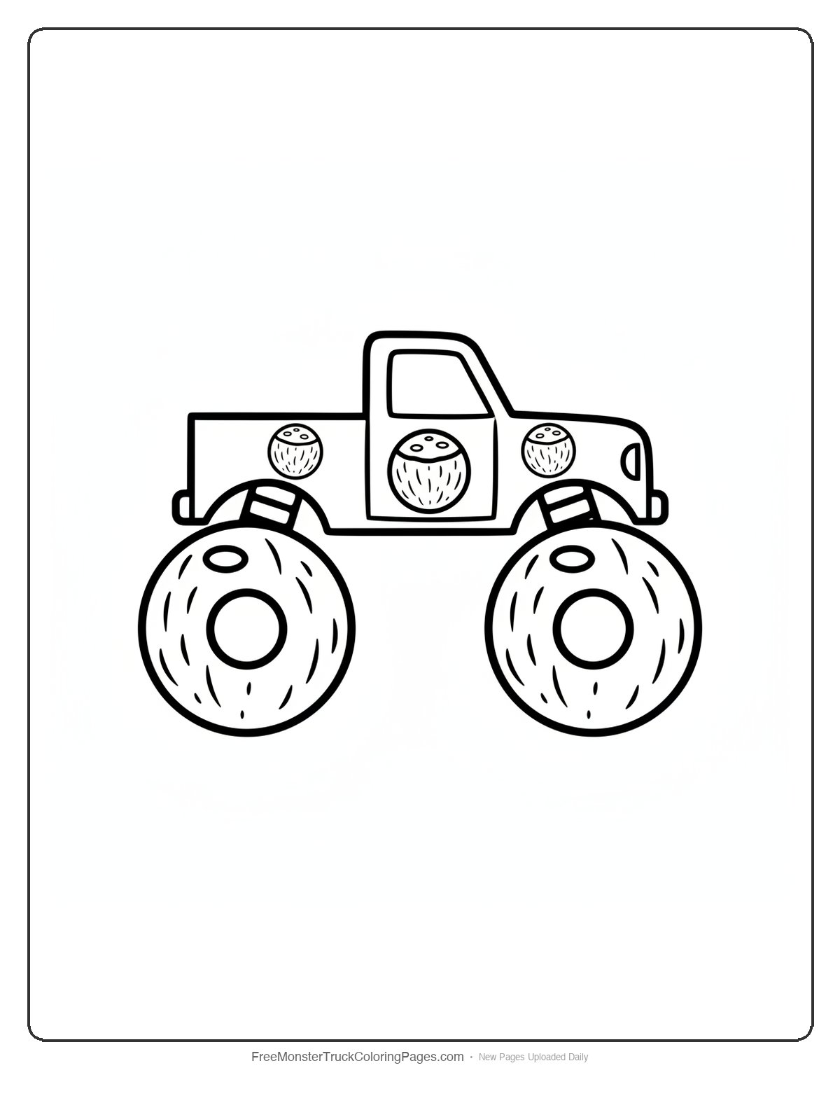 Black and white coloring page of a simple monster truck with coconut-shaped wheels and tropical decorations