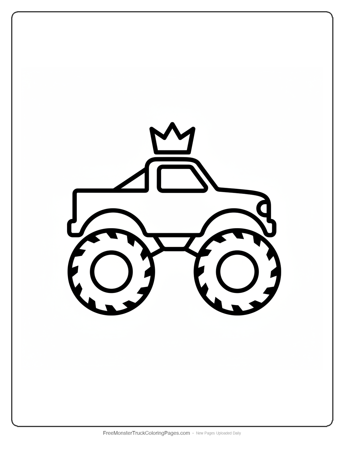 Simple black and white coloring page of a monster truck with a basic crown on top and large wheels