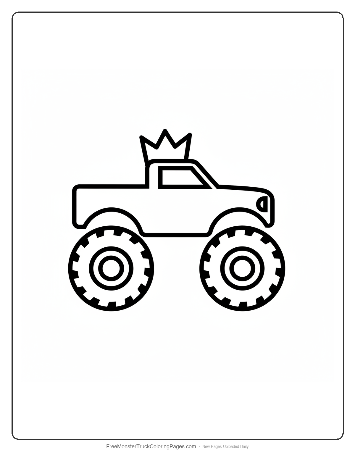Simple coloring page of a monster truck with a large crown decoration on top, basic shapes and thick outlines