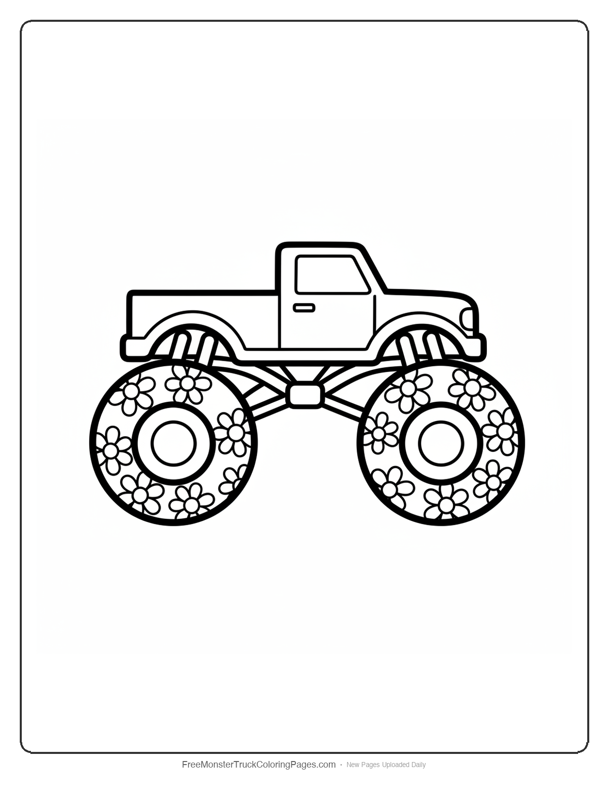 Simple coloring page of a monster truck with large daisy flower designs on oversized wheels