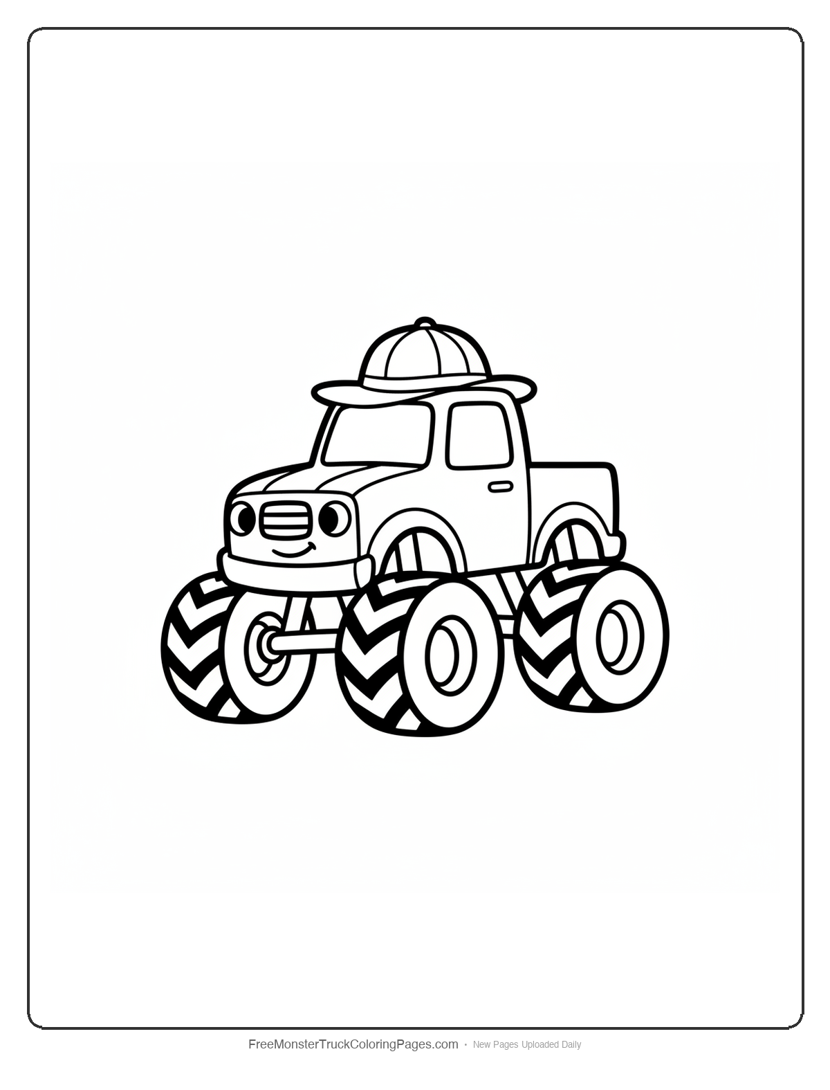 Simple monster truck coloring page wearing a detective hat with thick outlines and minimal detail
