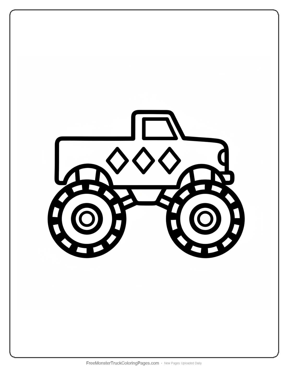 Simple coloring page of a monster truck decorated with large diamond shapes on its body and wheels